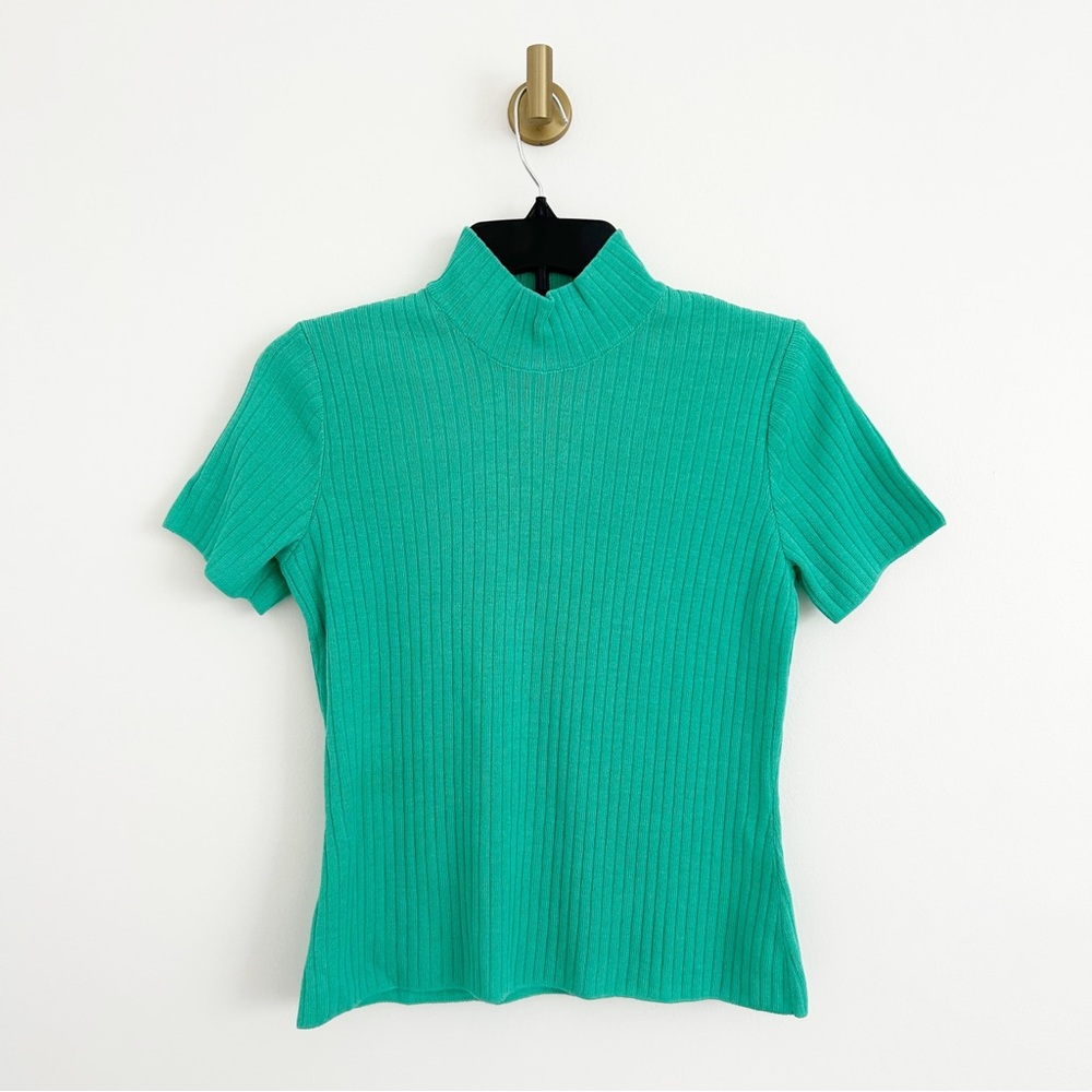 Vintage St. John Collection Ribbed Mock Neck Turtleneck Short Sleeve Top Small